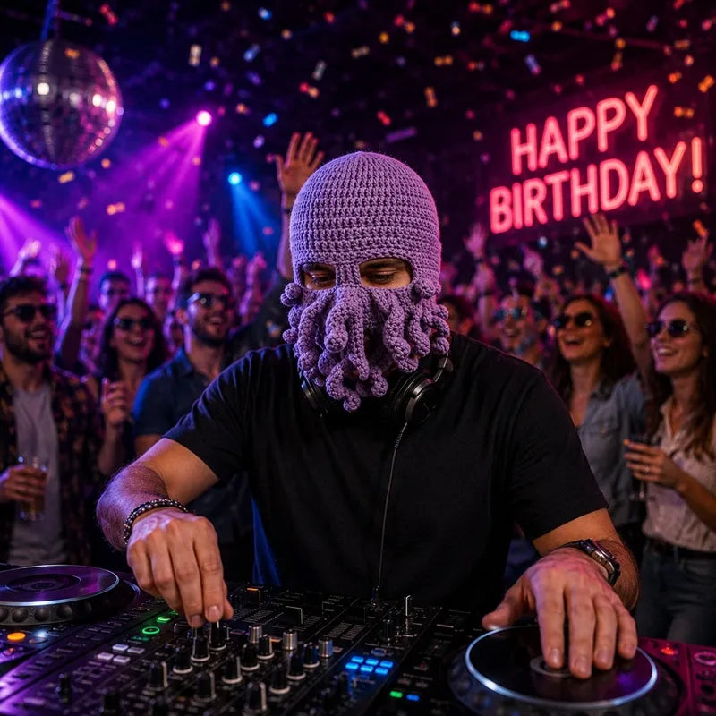 DJ portant une cagoule pieuvre violette aux platines dans une soirée en boîte de nuit - Espace Cagoules