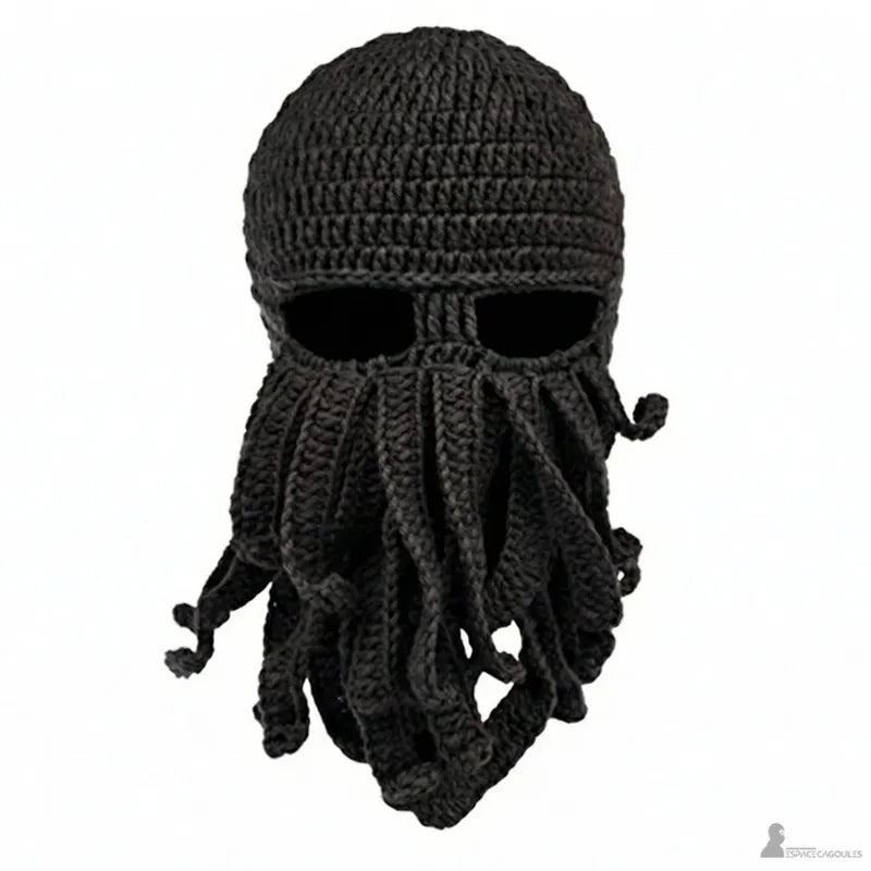 Vue face de la Cagoule pieuvre noire en tricot avec ouverture yeux et tentacules épaisses - Espace Cagoules