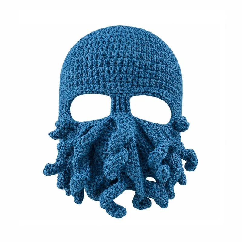 Cagoule pieuvre bleue en tricot avec tentacules couvrant le bas du visage - Espace Cagoules