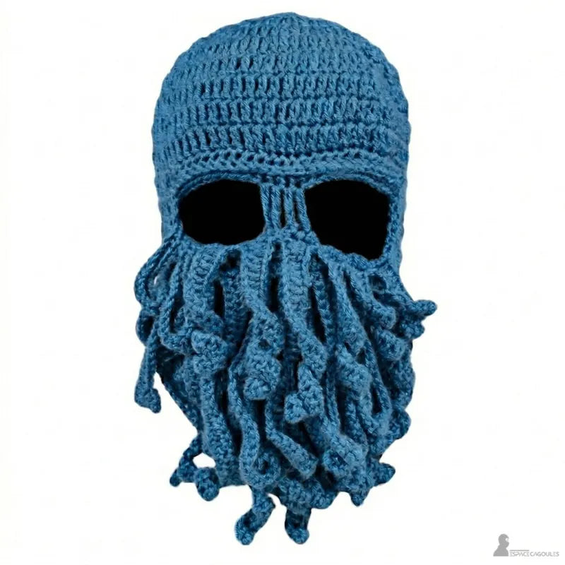 Vue face de la Cagoule pieuvre bleue en maille crochet avec tentacules longues et texture visible - Espace Cagoules