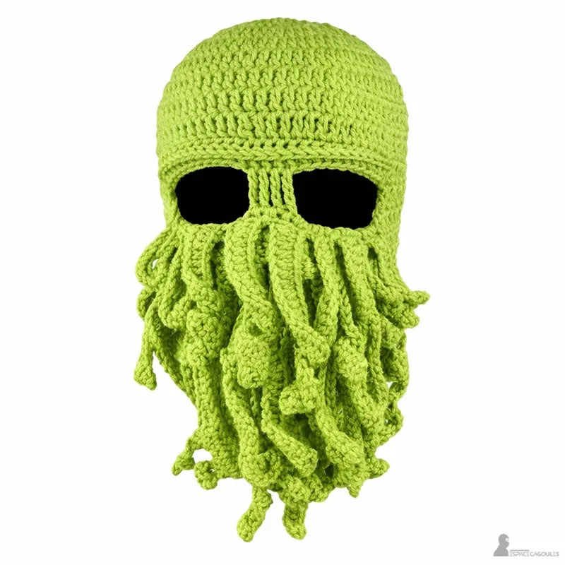 Vue face de la Cagoule pieuvre verte en tricot avec tentacules volumineuses couvrant le visage - Espace Cagoules