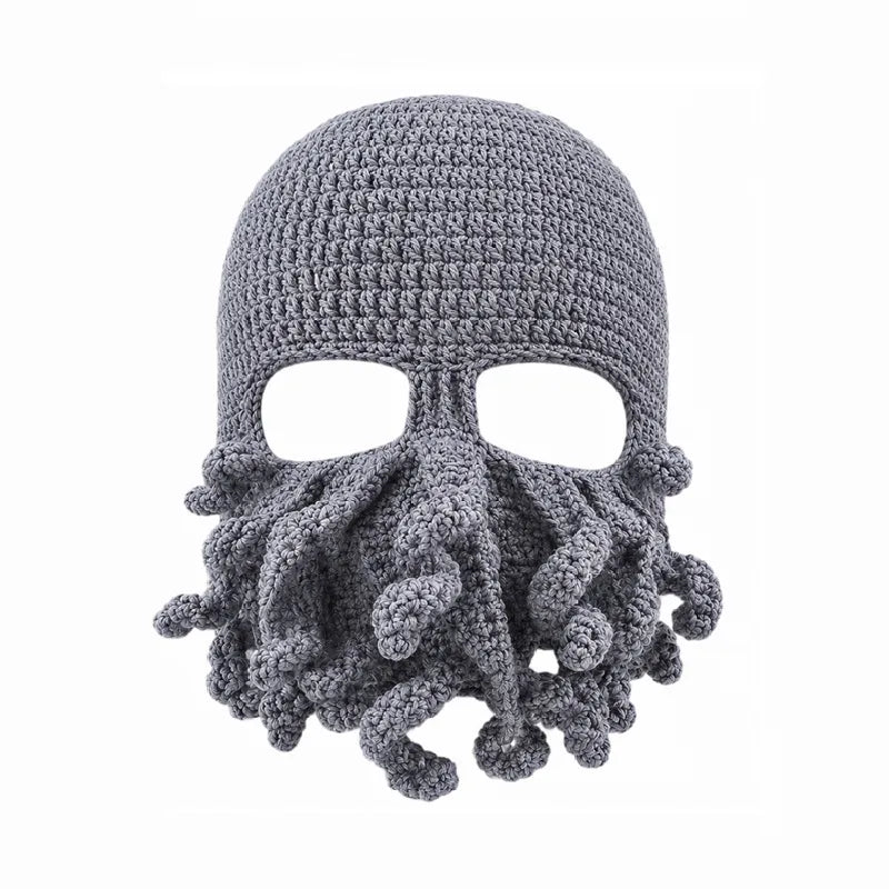 Cagoule pieuvre grise en tricot avec tentacules couvrant le bas du visage - Espace Cagoules