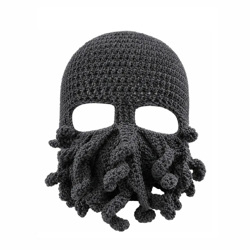 Cagoule pieuvre gris foncé en tricot avec tentacules couvrant le bas du visage - Espace Cagoules