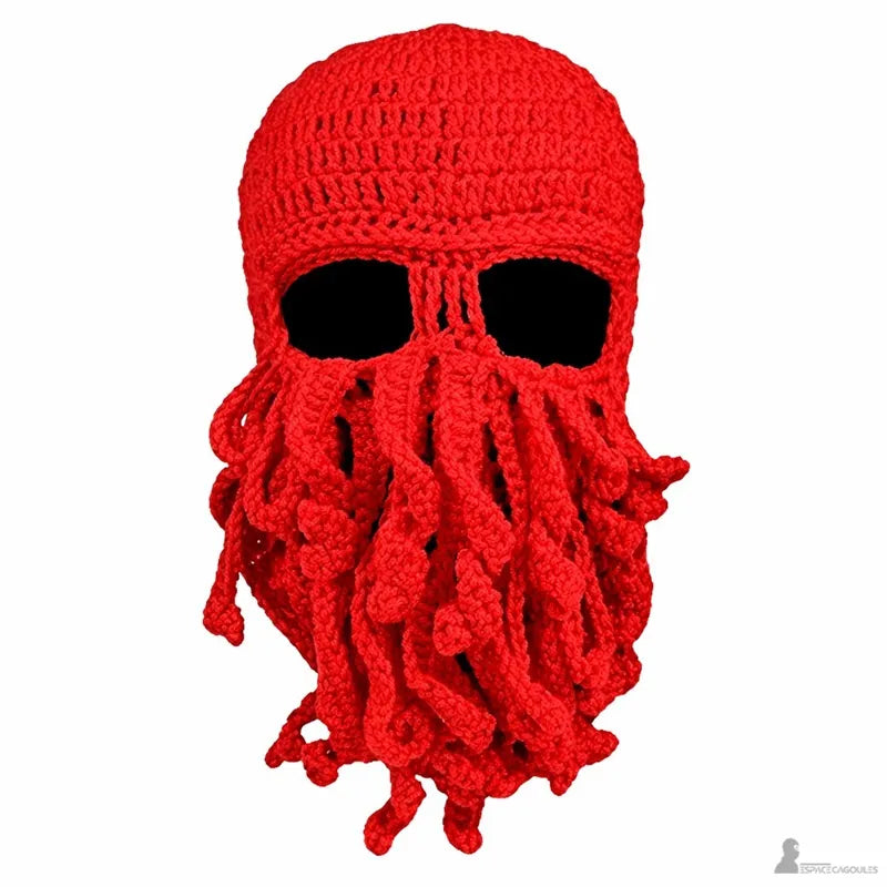 Front view of the thick knitted red octopus hood with long tentacles and crochet structure - Hood Space