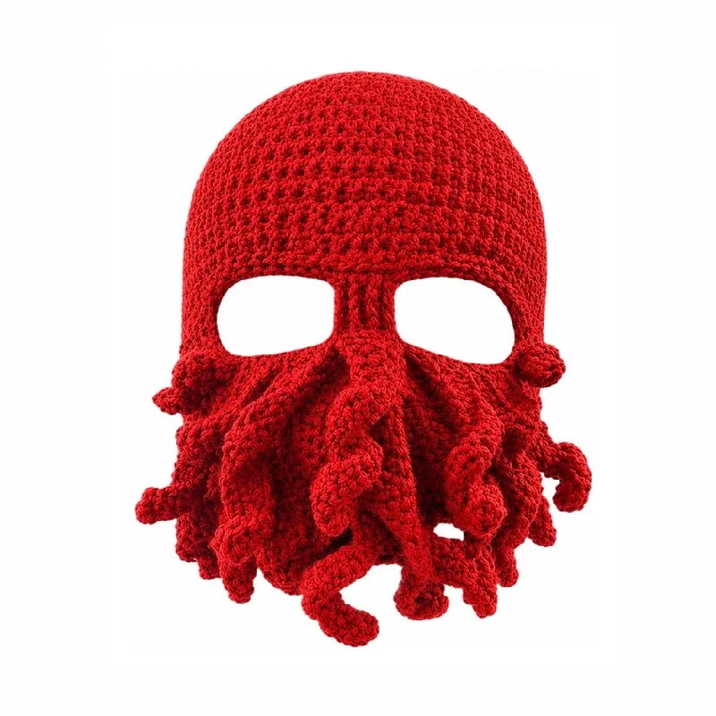 Cagoule pieuvre rouge en tricot avec tentacules couvrant le bas du visage - Espace Cagoules