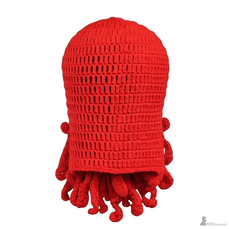 Back view of the red octopus hood knitted showing the shape of the cap and the tentacles - Hood Space