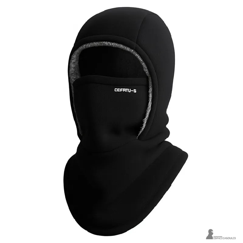 Passamontagna in pile nero vista davanti, rifinitura grigia in pelliccia sintese, protezione invernale completa del collo e del viso - Espace Cagoules