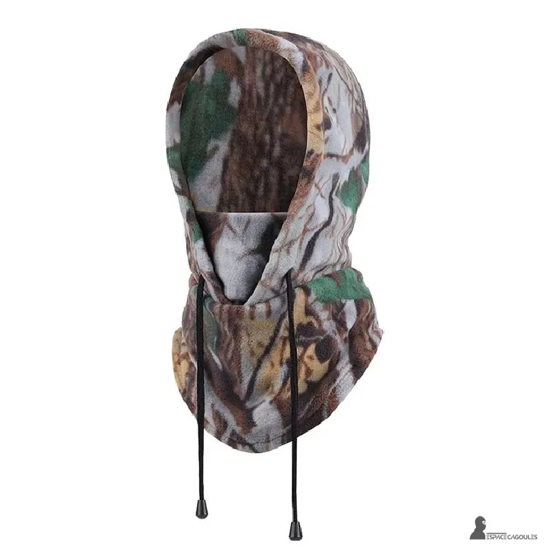 Cagoule polaire camouflage chasse nuance verte et brune, idéale pour la chasse en sous-bois