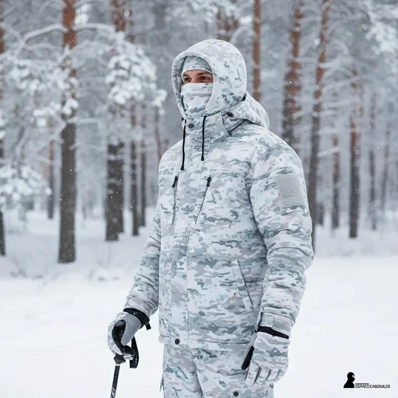 Cagoule polaire camouflage chasse portée par un adulte, en polaire couvrante, forme intégrale protégeant visage et cou, vue portée en environnement enneigé - Espace Cagoules