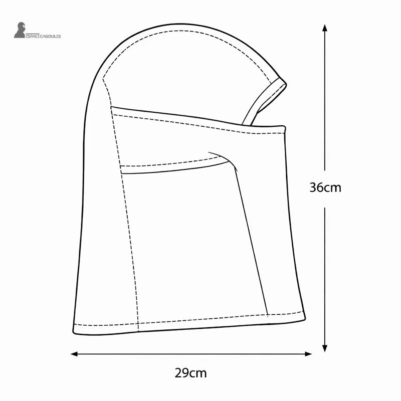 Passamontagna in pile mimetica presentata piatta con schema delle dimensioni, forma integrale che copre testa e collo, vista tecnica con misure - Spazio Cagoule