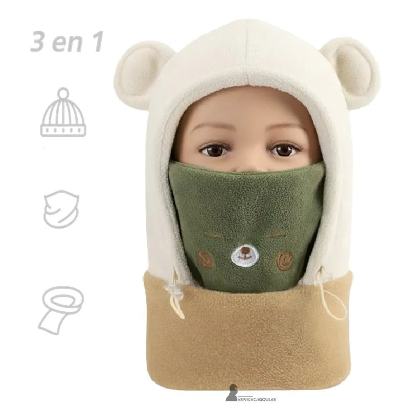 Cagoule polaire enfant 3 à 10 ans - vue frontale 3-en-1 avec capuche oreilles, cache-cou vert et tour de cou beige, sur mannequin enfant - Espace Cagoules