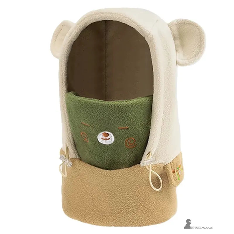 Cagoule polaire enfant 3 à 10 ans - modèle beige avec capuche oreilles et cache-cou vert, vue latérale sans environnement - Espace Cagoules