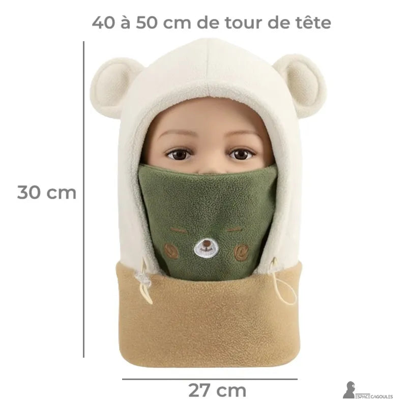 Cagoule polaire enfant 3 à 10 ans - dimensions 30x27 cm illustrées sur mannequin avec capuche oreilles et cache-cou vert - Espace Cagoules