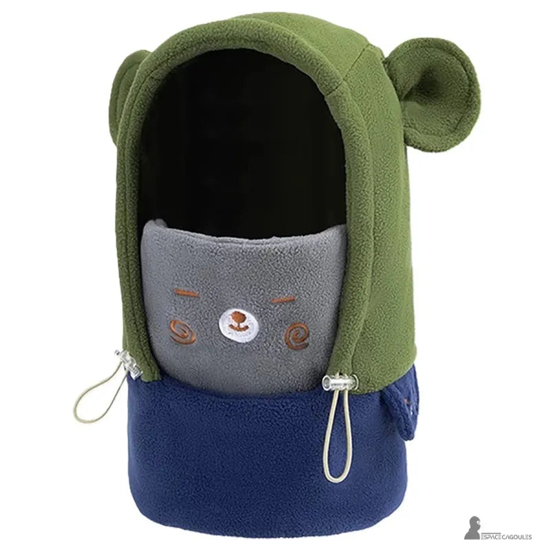 Cagoule polaire enfant 3 à 10 ans - modèle vert et bleu avec cache-cou gris, capuche oreilles, vue de trois quarts - Espace Cagoules