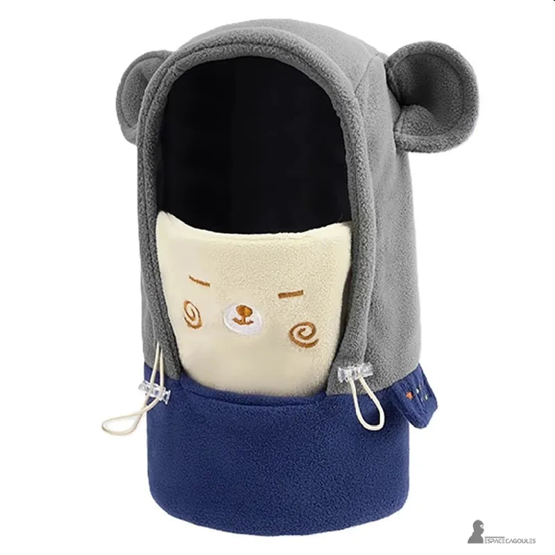 Cagoule polaire enfant 3 à 10 ans - modèle gris et bleu avec cache-cou crème brodé ours, vue de trois quarts - Espace Cagoules