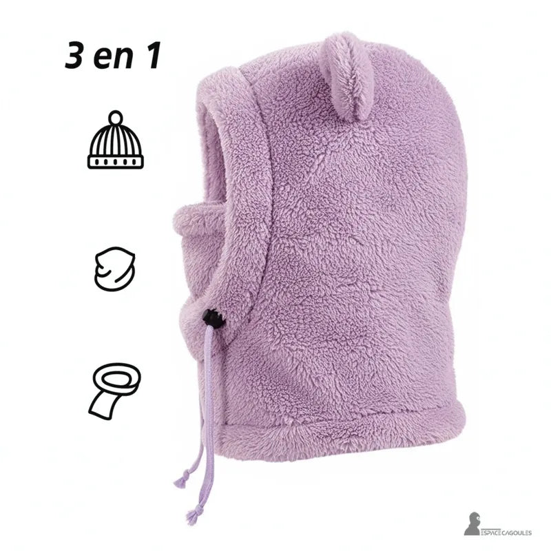 Cagoule polaire enfant 4 à 10 ans violette présentée en version 3 en 1 bonnet écharpe et cache-cou avec cordons ajustables – Espace Cagoules