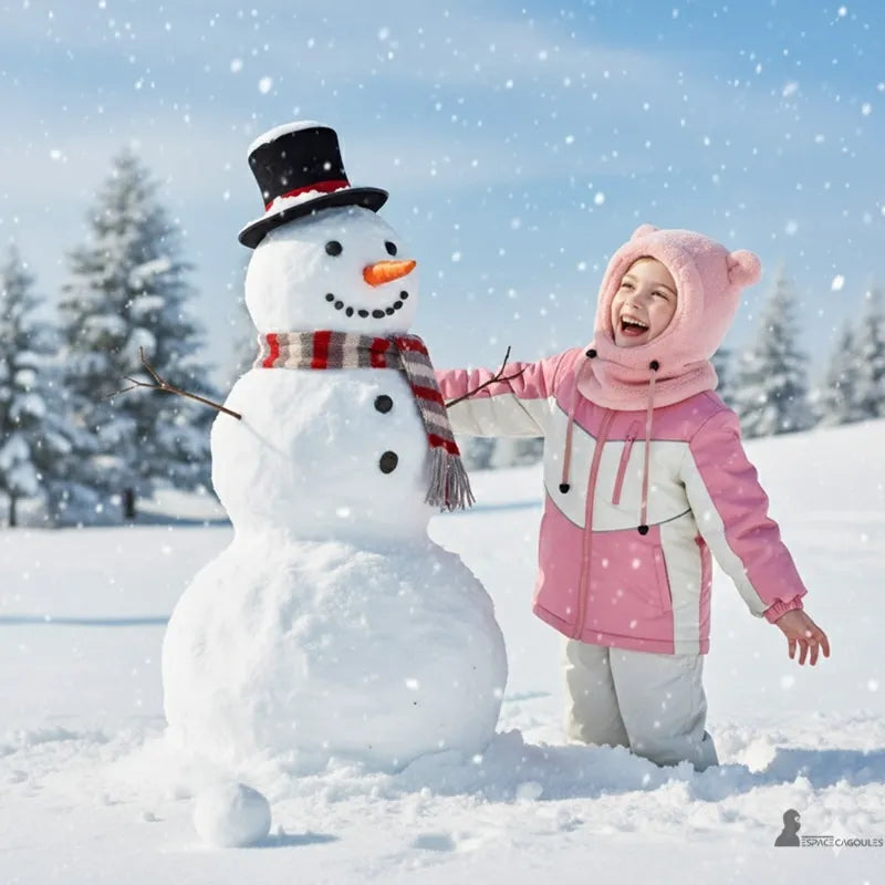 Cagoule polaire enfant 4 à 10 ans rose portée par une fillette jouant dans la neige avec un bonhomme de neige – Espace Cagoules