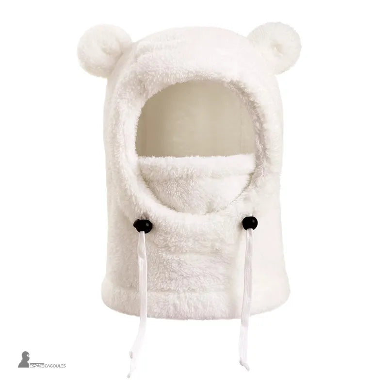 Cagoule polaire enfant 4 à 10 ans blanche avec petites oreilles et cordons noirs, douce et protectrice contre le froid – Espace Cagoules