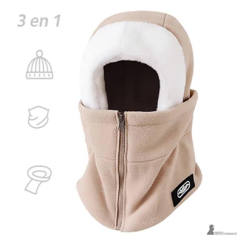 Cagoule femme polaire a zip frontal 3 en 1 beige avec intérieur blanc en peluche douce, présentée sur fond neutre - Espace Cagoules