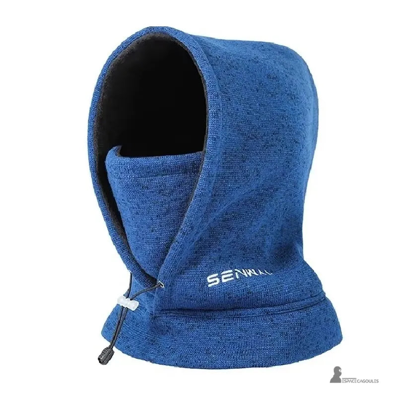 Cagoule polaire homme - gros plan sur cagoule bleue avec doublure polaire noire et cordon réglable, détail du tissu chiné. Espace Cagoules