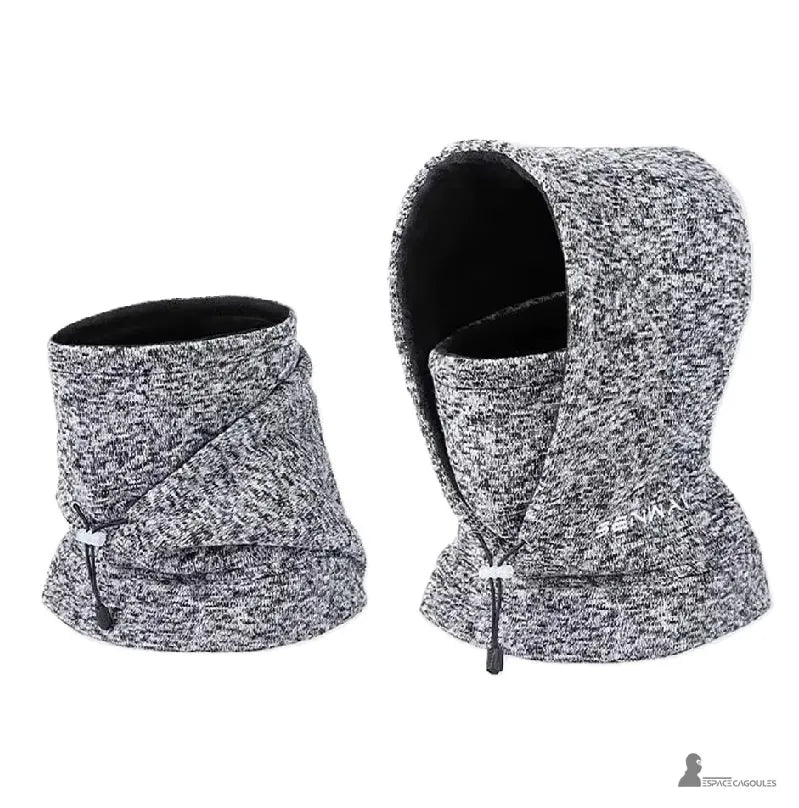 Cagoule polaire homme - ensemble montrant cagoule et tour de cou gris chiné, deux configurations sur fond blanc, cordon de serrage apparent. Espace Cagoules