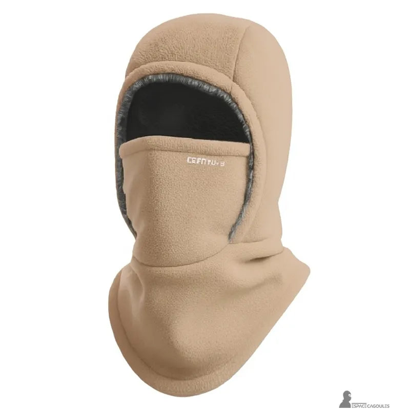 Passamontagna in pile beige kaki con fodera grigia morbida, protezione invernale per viso e collo su sfondo neutro - Espace Cagoules