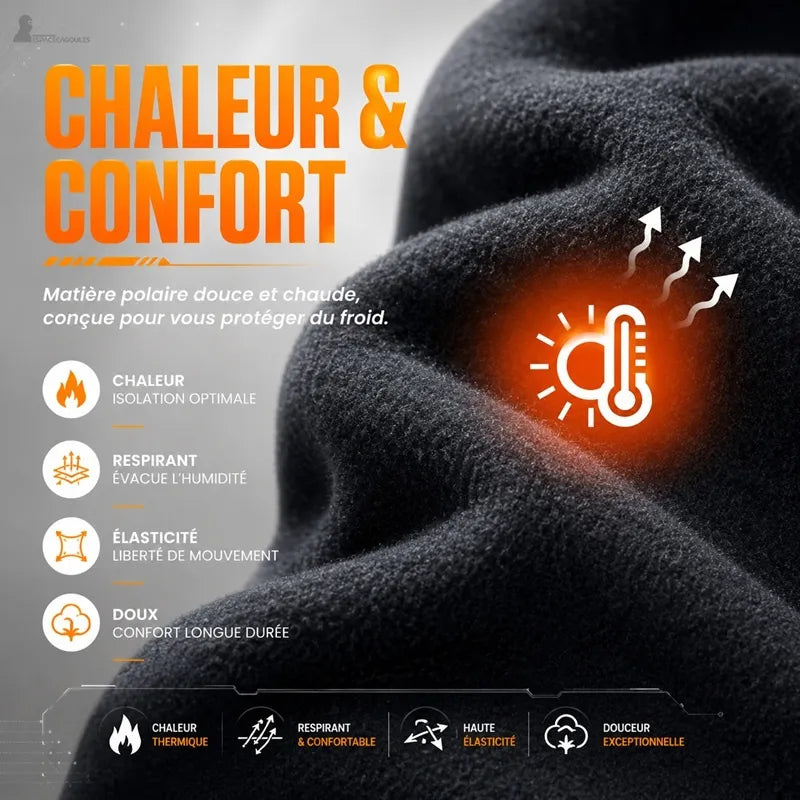 Cagoule polaire moto noire en gros plan montrant la matière polaire douce et chaude, isolation thermique et haute élasticité - Espace Cagoules