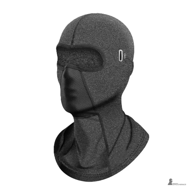 Cagoule polaire moto grise vue de profil, coupe longue couvre-cou en polaire avec passage pour branches de lunettes - Espace Cagoules
