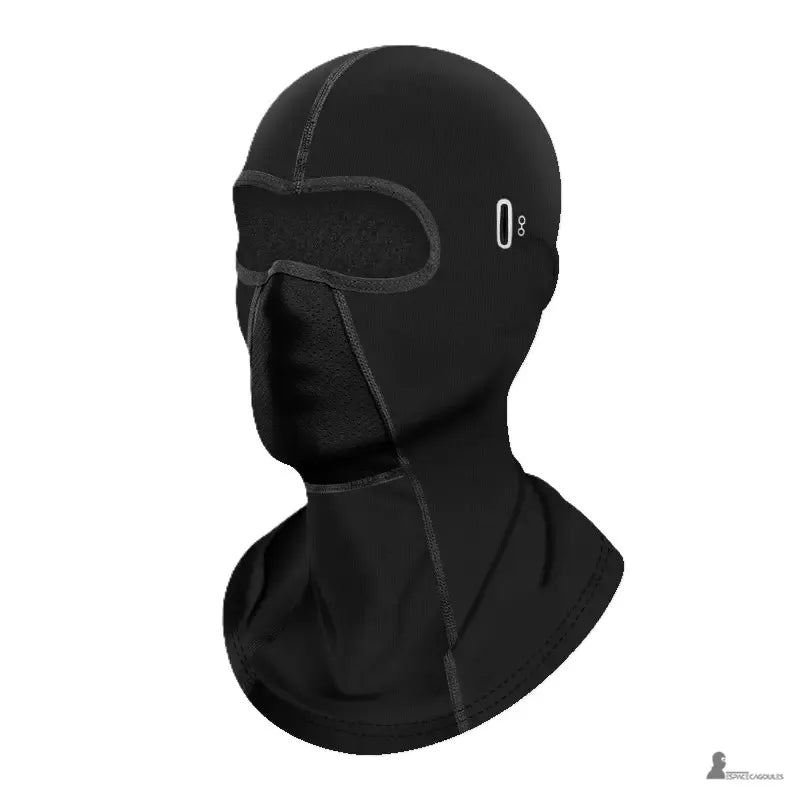 Cagoule polaire moto noire vue de face, balaclava hiver coupe longue avec ouverture yeux et zone buccale en maille - Espace Cagoules