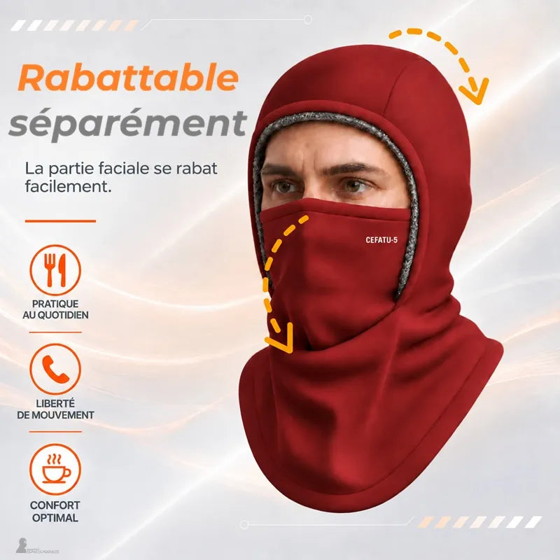 Cagoule polaire rouge bordeaux avec partie faciale rabattable ouverte, portée par un homme, schéma pratique au quotidien - Espace Cagoules