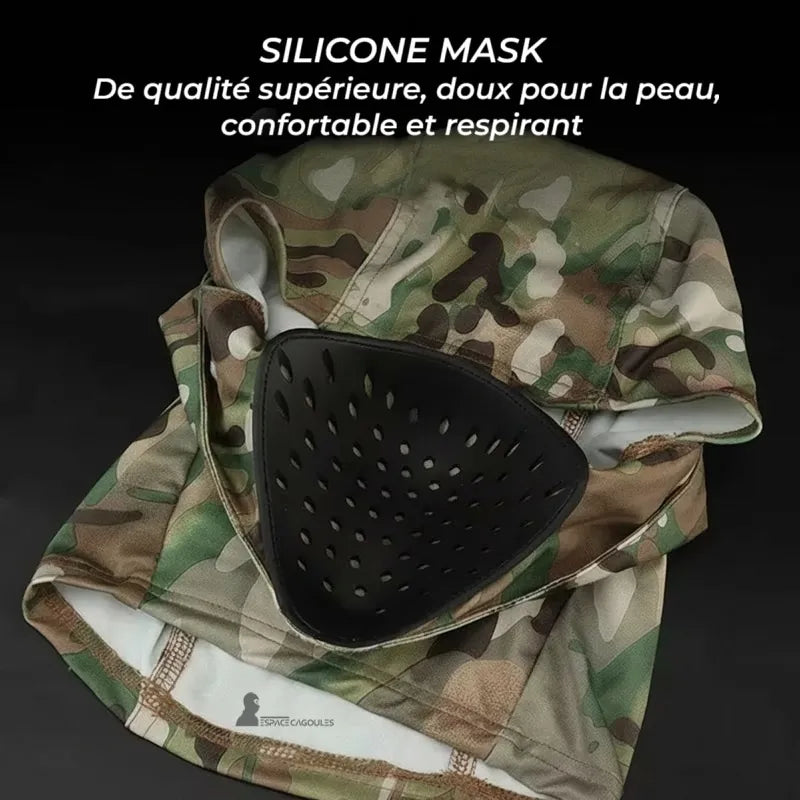 Passamontagna in camuffa Airsoft presentata con una maschera in silicone morbida e traspirante progettata per proteggere la parte inferiore del viso e offrire una migliore ventilazione - Espace Cagoules
