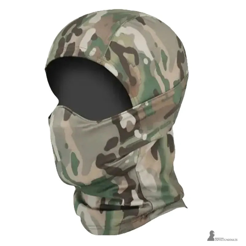 Passamontagna airsoft Vista profilo con passamontagna mimetica che offre protezione completa per testa e collo per condizioni intense di airsoft - Espace Cagoules