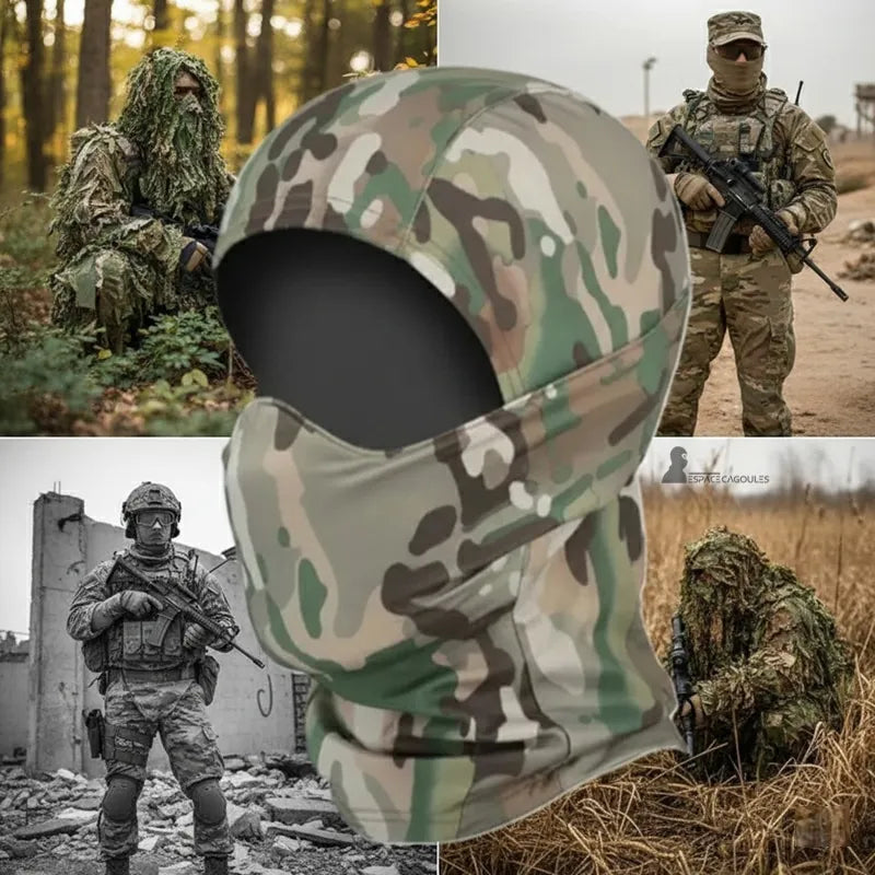 Cagoule pour airsoft utilisée en milieu forestier avec vues de soldats équipés en tenue camouflage pour illustrer la polyvalence de la cagoule - Espace Cagoules