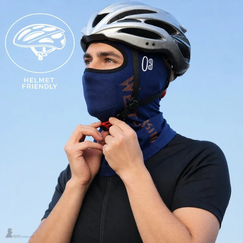 Man wearing a balaclava under a bicycle helmet with chin strap adjustment and close fit to the face - Balaclava Space