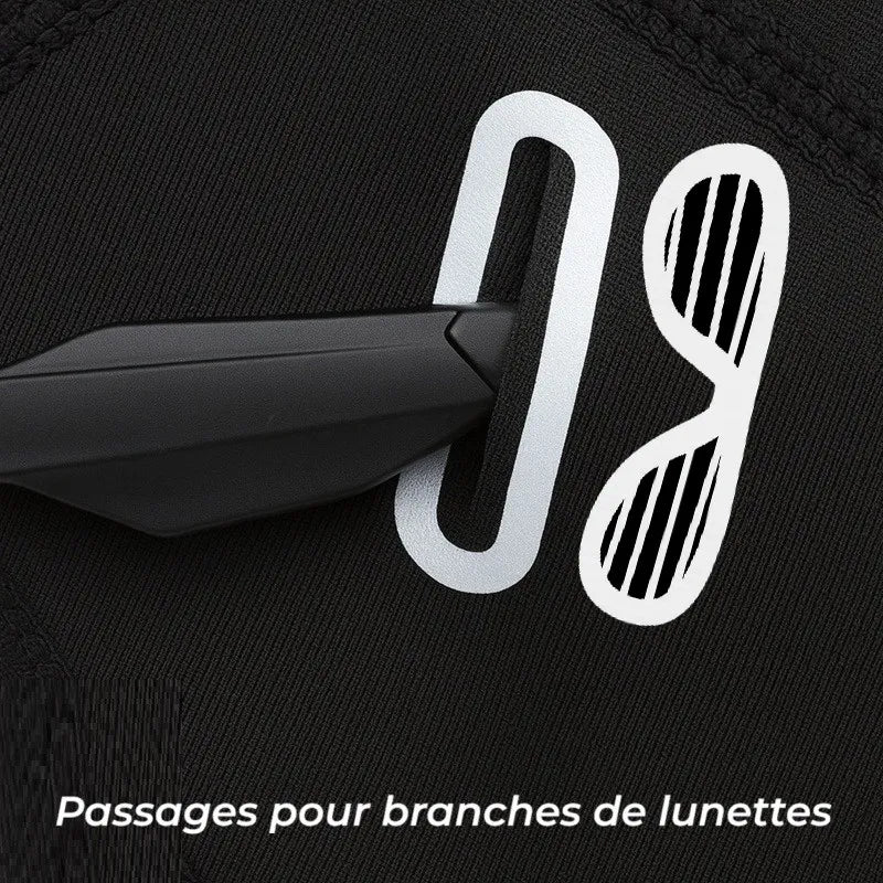 Close-up of side opening allowing the passage of glasses arms on black fabric - Cagoules Space