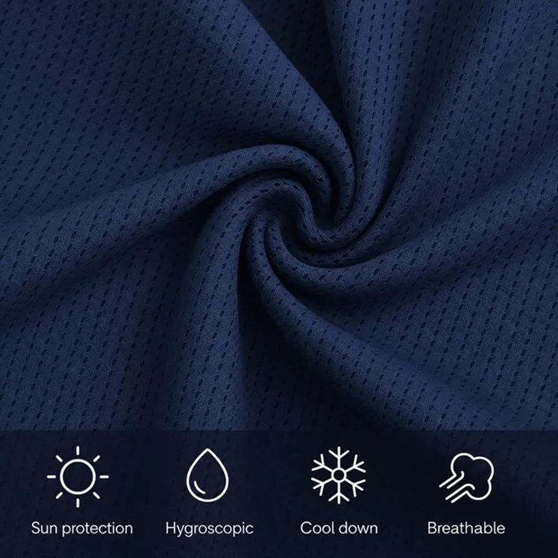 Close-up detail of blue mesh fabric with perforated texture promoting breathability and moisture wicking - Hooded Space