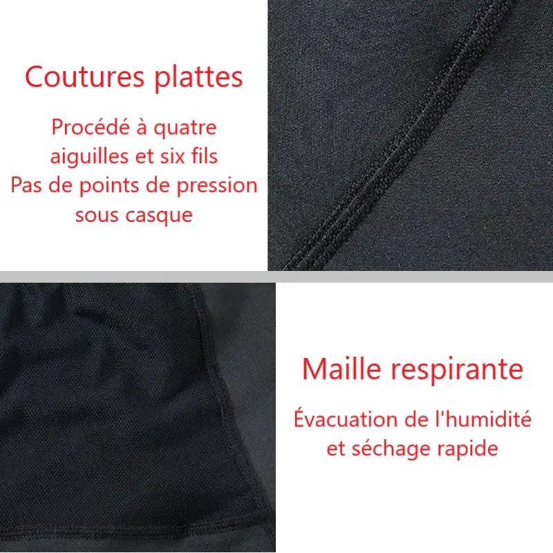 Vue détaillée des coutures plates de la cagoule pour moto en polaire, minimisant les points de pression pour une expérience confortable sous un casque et Image de détail (maille respirante) : Focus sur la zone en maille respirante de la cagoule pour moto en polaire, favorisant l'évacuation de l'humidité et un séchage rapide pour plus de confort.