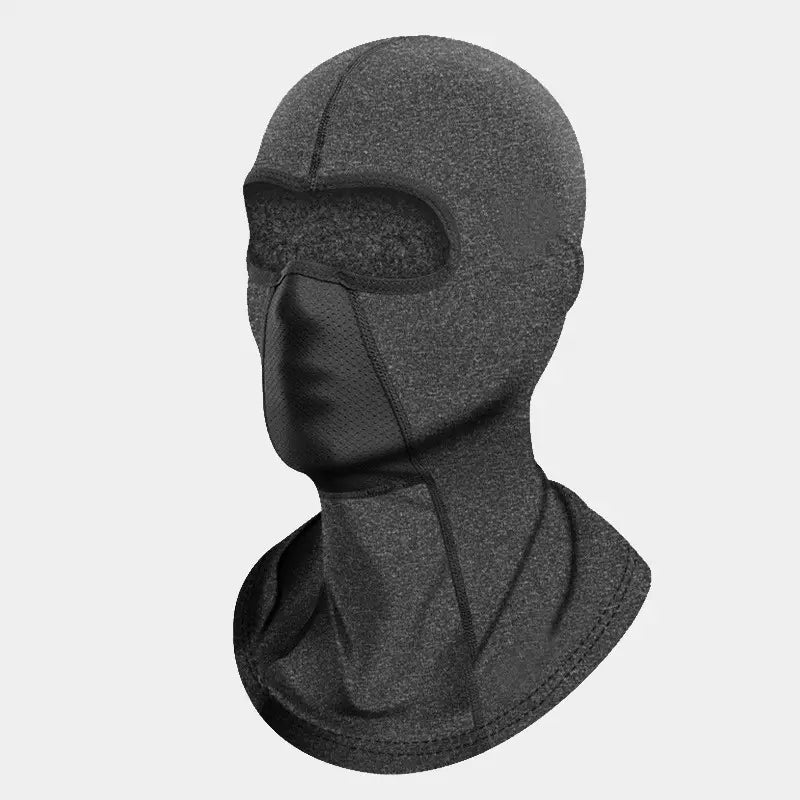 Cagoule pour moto en polaire grise, vue de profil, montrant un design ajusté et recouvrant pour une protection thermique et un usage sous casque.