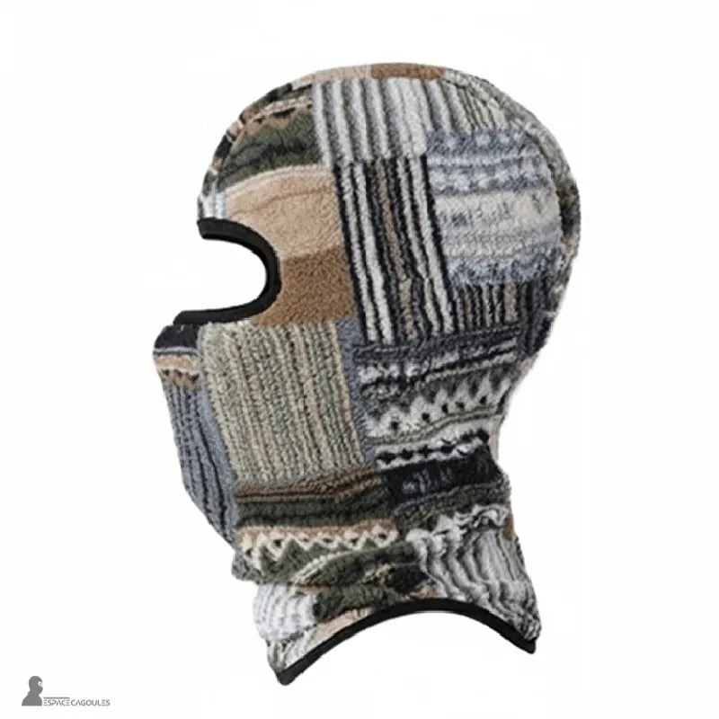 Cagoule pour ski polaire patchwork gris et beige vue de profil coupe couvrante idéale pour le ski et les activités outdoor en hiver - Espace Cagoules