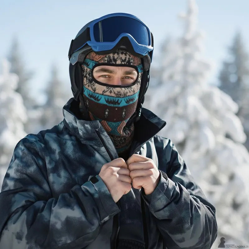 Cagoule pour ski portée par un homme en montagne enneigée avec veste et casque montrant une couvrance intégrale du visage et une isolation thermique efficace - Espace Cagoules