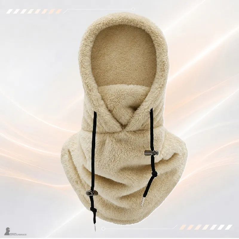 Cagoule sherpa beige en polaire moutonnée à capuche et col montant, vue de face - Espace Cagoules