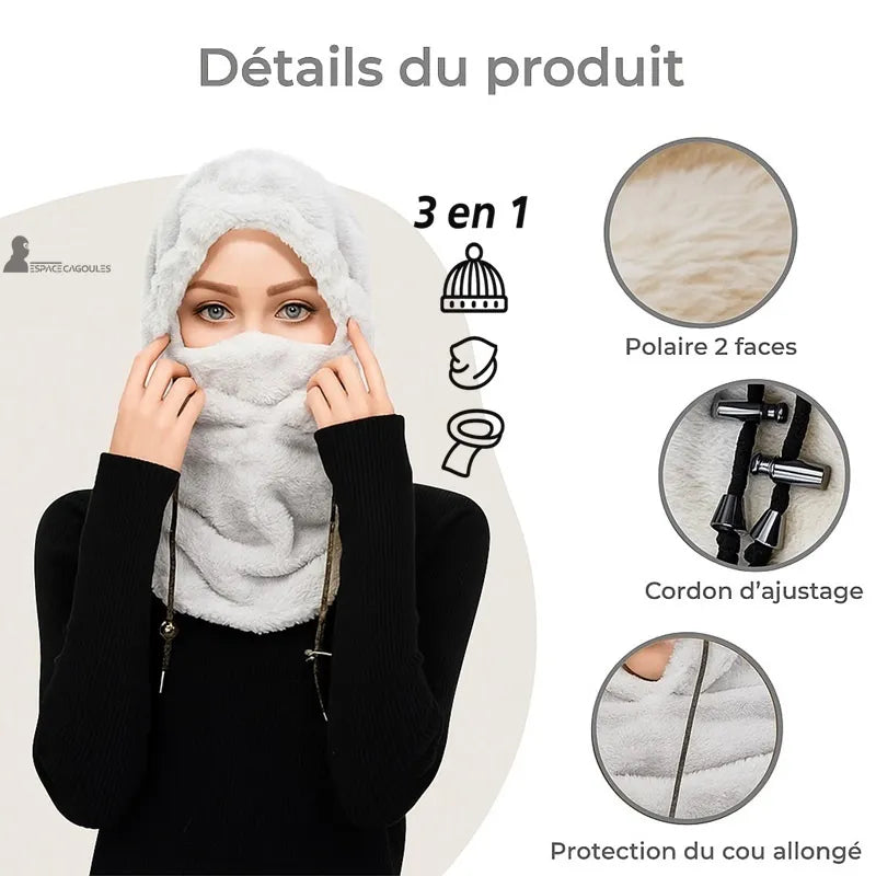 Cagoule Sherpa grise portée par une femme, présentation des détails produit : polaire 2 faces, cordon d’ajustage, protection du cou allongée – Espace Cagoules