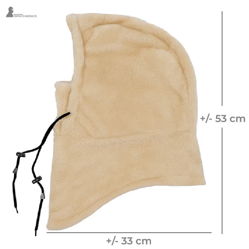 Cagoule Sherpa beige présentée à plat avec mesures indiquées, environ 53 cm de haut et 33 cm de large – Espace Cagoules