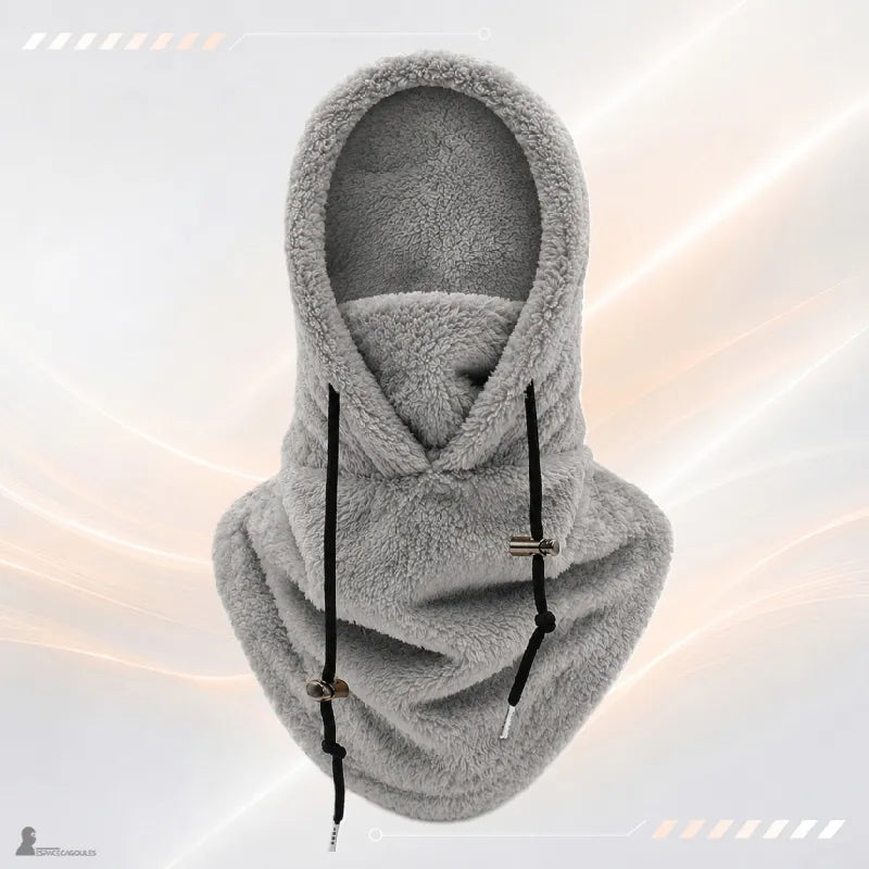 Cagoule sherpa grise en polaire moutonnée à capuche et col montant, vue de face - Espace Cagoules