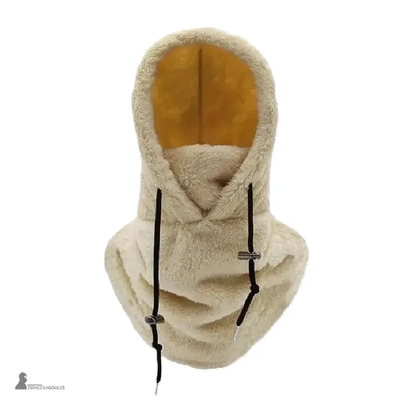 Cagoule Sherpa beige clair en polaire chaude, capuche relevée avec intérieur doré et cordons d’ajustement noirs – Espace Cagoules