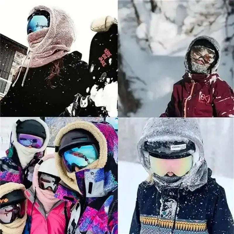 Cagoule Sherpa utilisée par plusieurs skieurs en montagne sous la neige, démonstration de confort et de chaleur – Espace Cagoules