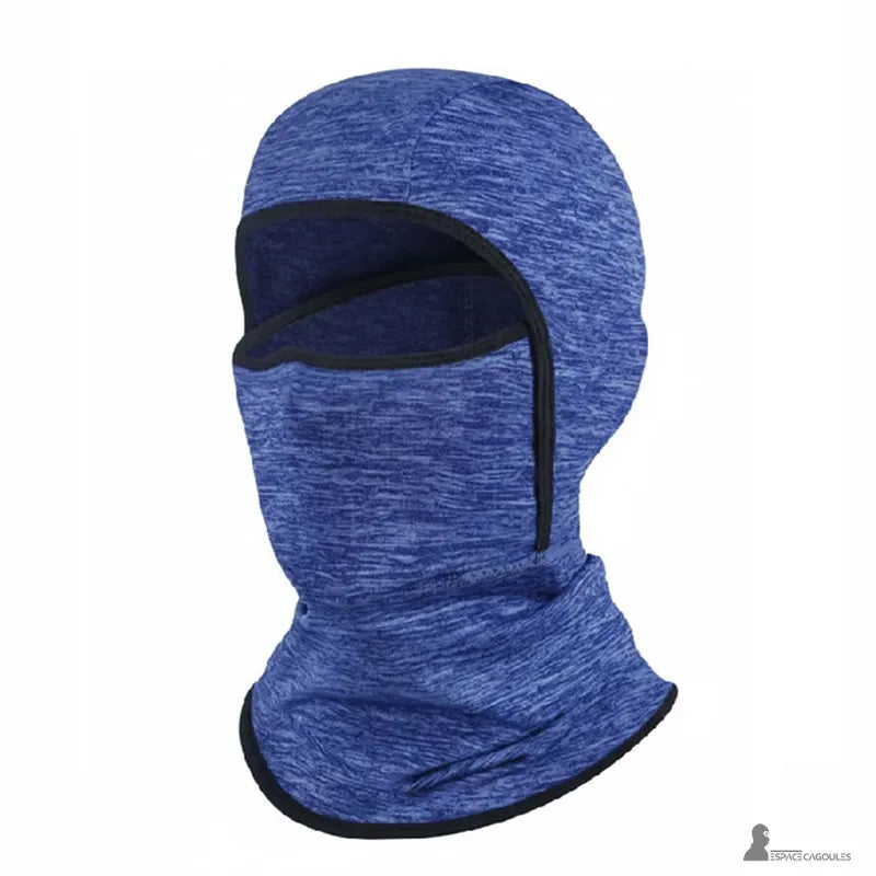 Barn skidmask i blått elastiskt tyg med tunn fleecefoder, täckande form för huvud och hals, profilvy på vit bakgrund - Espace Cagoules