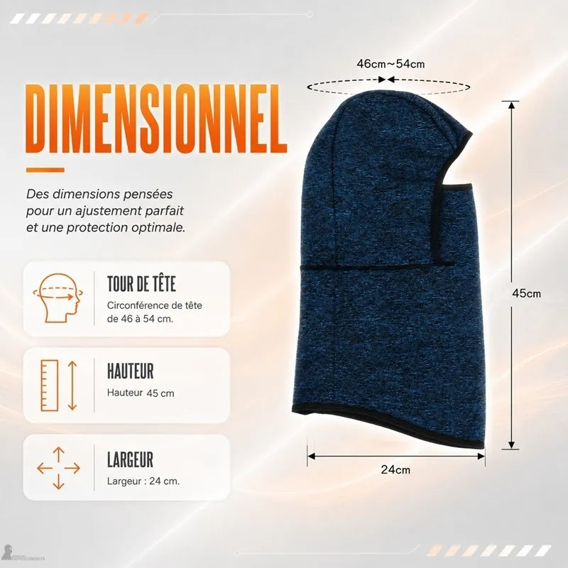 Schéma coté de la cagoule ski enfant : tour de tête 46 à 54 cm, hauteur 45 cm, largeur 24 cm - Espace Cagoules