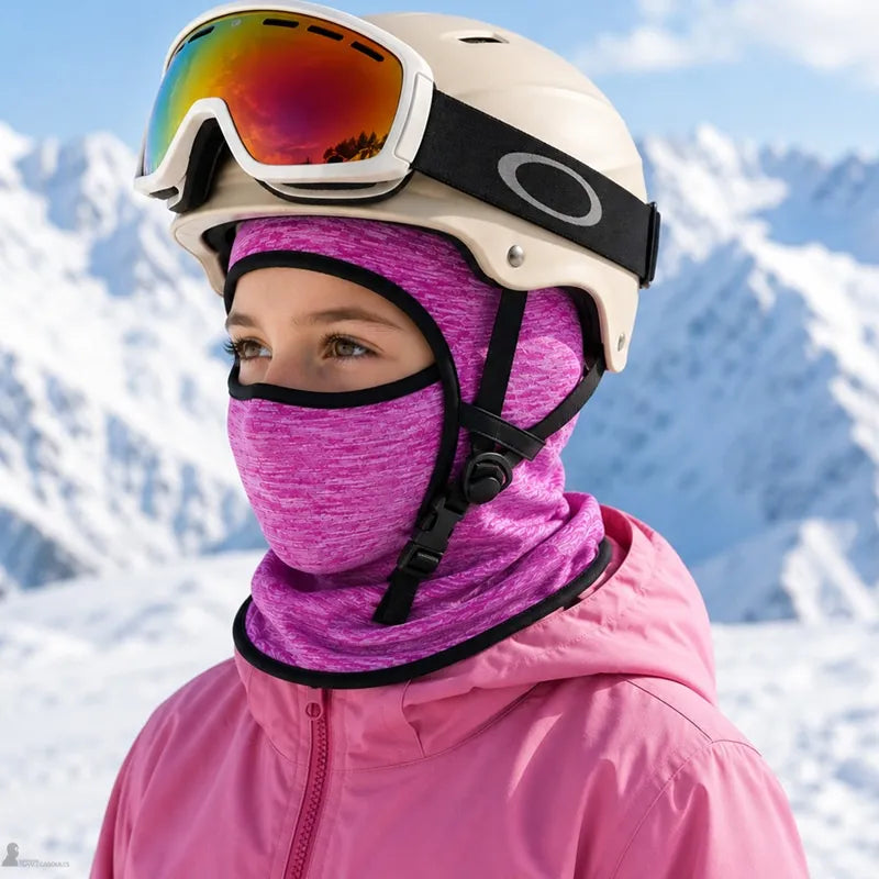 Enfant portant une cagoule de ski rose chinée sous un casque avec masque, en montagne enneigée - Espace Cagoules