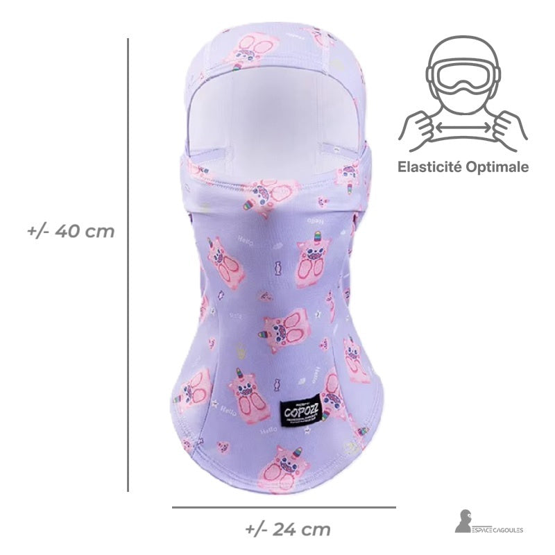 Cagoule ski fille violette avec dimensions affichées, environ 40 cm de hauteur et 24 cm de largeur, mise en avant de l’élasticité optimale pour un ajustement parfait.